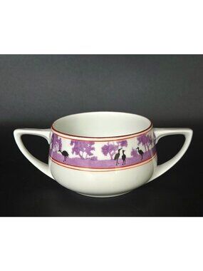 Epiag Czech Silhouette Purple Black Crane Double-Handled Porcelain Birds Bowl